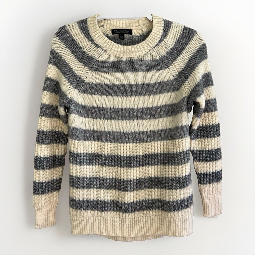 Banana Republic Womens Italian Yarn Sweater Small Ivory Gray Striped Wool Blend